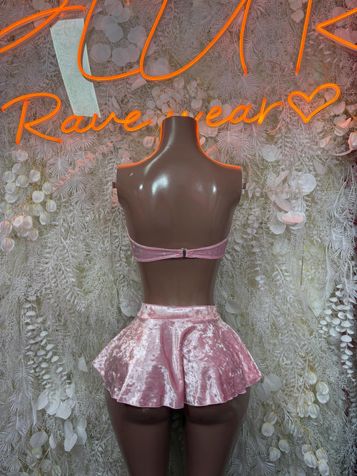 Pink velvet bandeau crop top with tie ribbon and tiered mini skirt