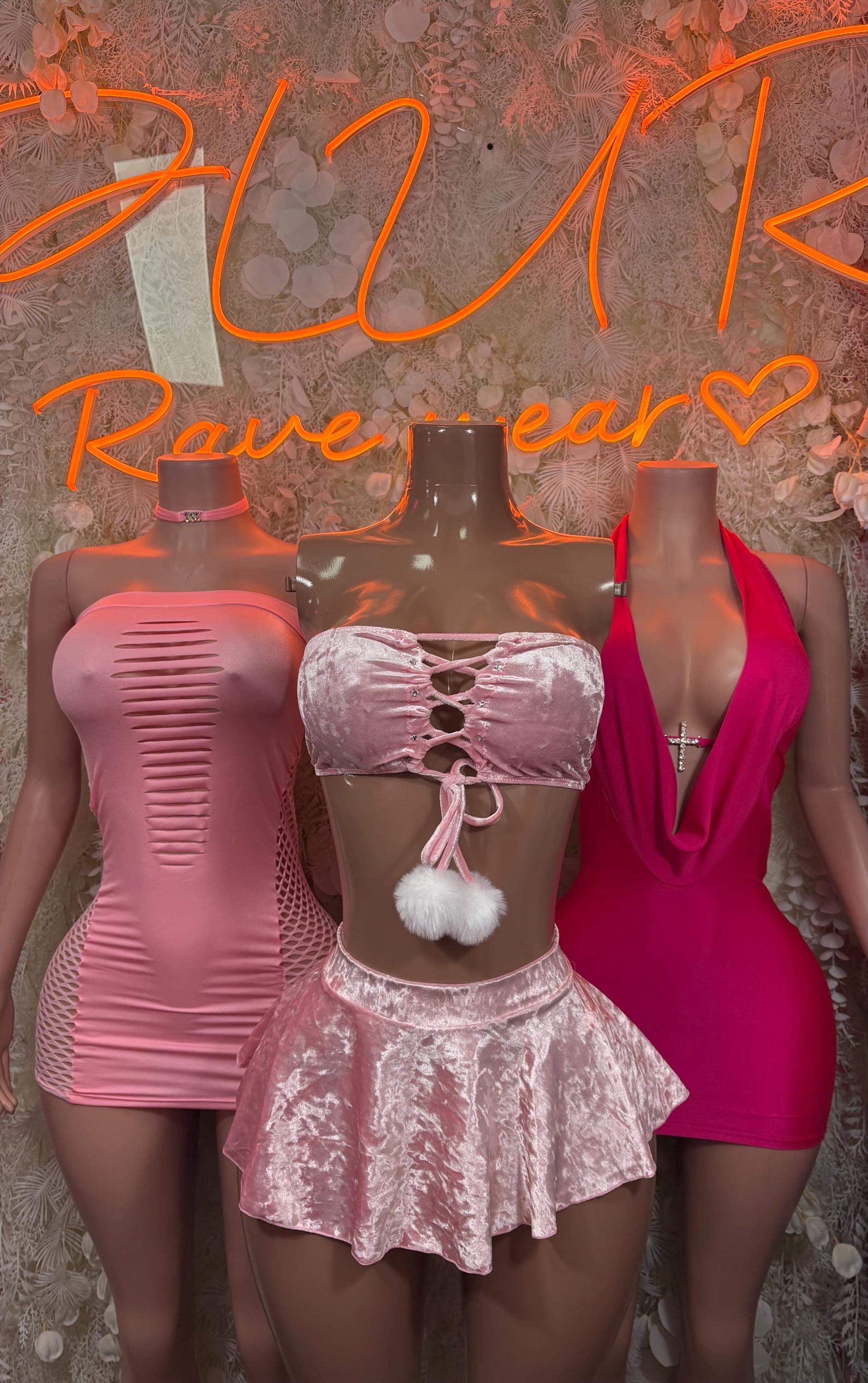 Pink velvet skirt set with lace-up bandeau crop top and tiered mini skirt