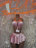 Baby pink velvet crop top with lace-up front and tiered mini skirt