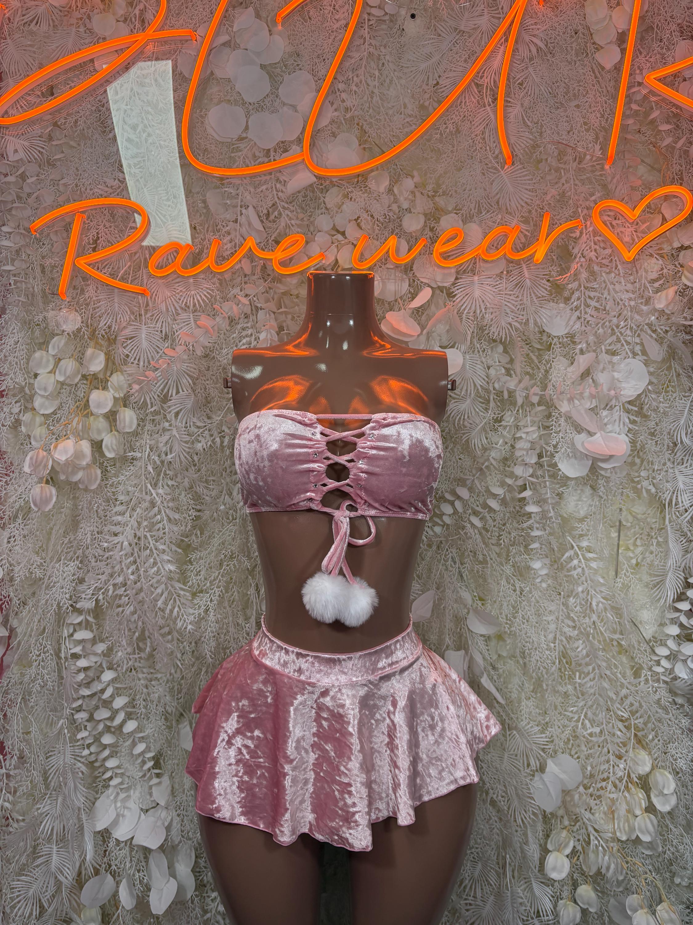 Baby pink velvet crop top with lace-up front and tiered mini skirt