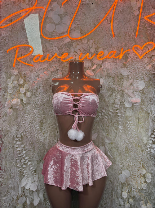 Baby pink velvet crop top with lace-up front and tiered mini skirt