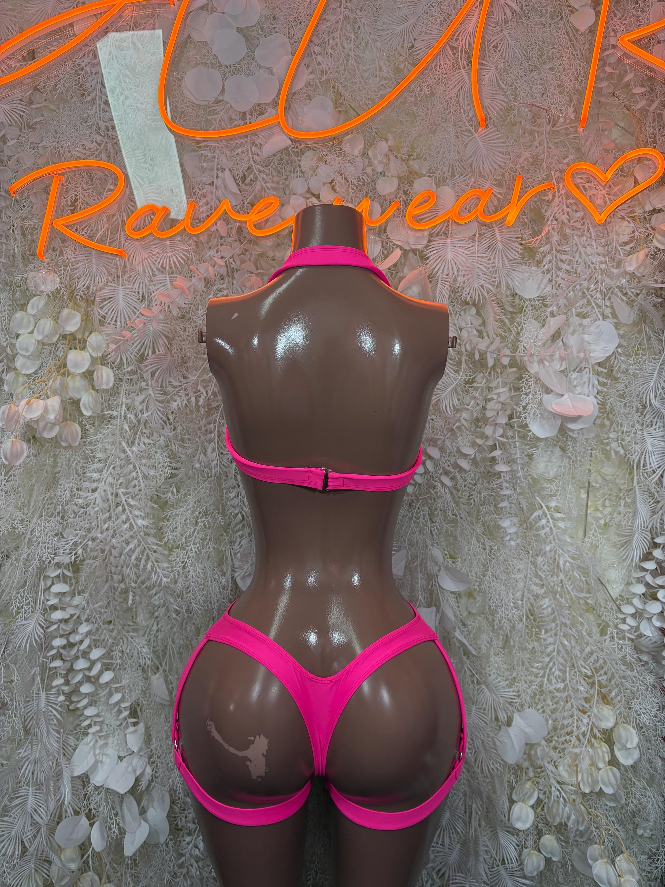Hot pink two-piece rave bikini set, back view, triangle top with high-cut briefs