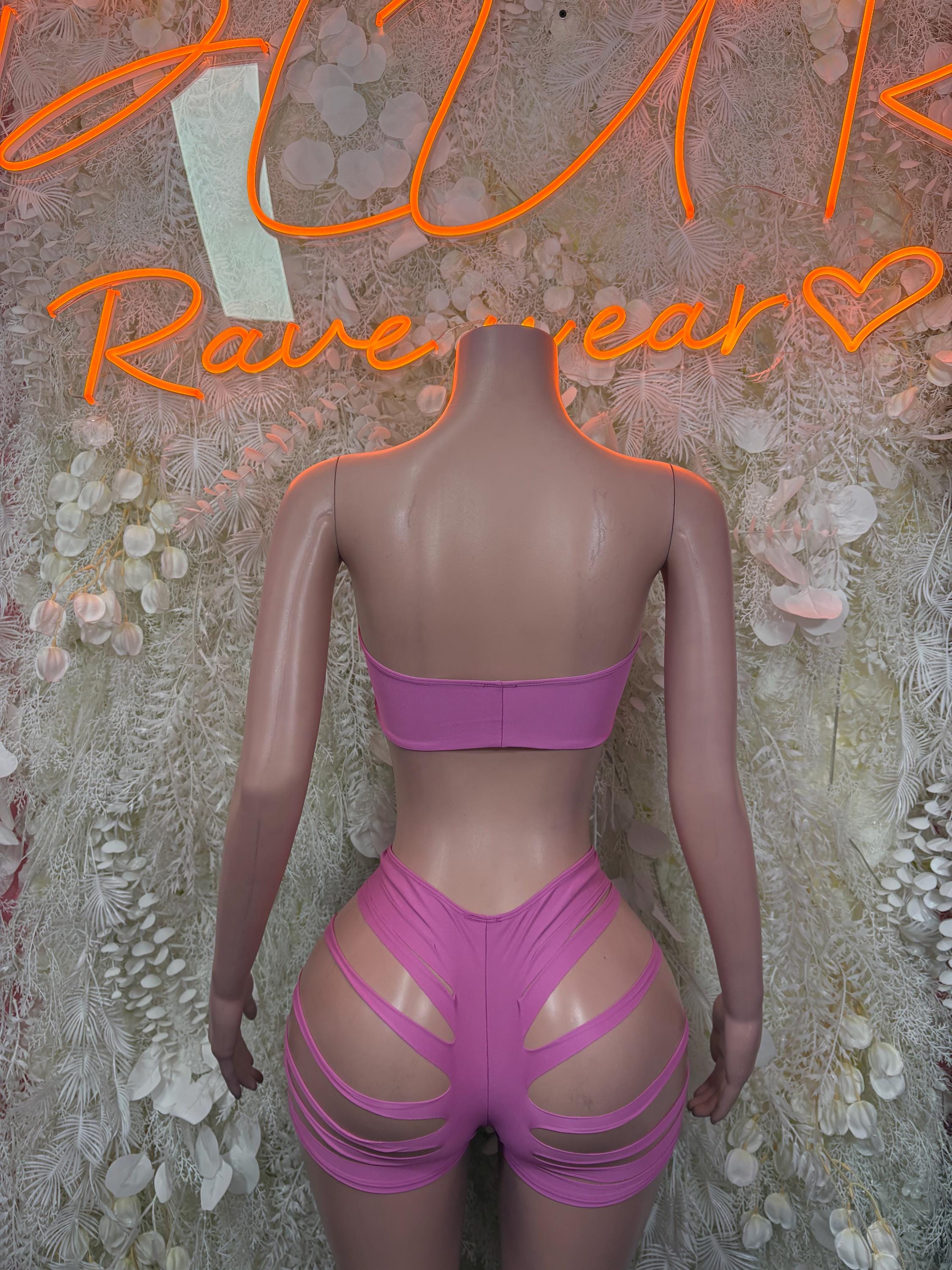 Pink bandeau top and high-waist shorts set with strappy cutouts, back view