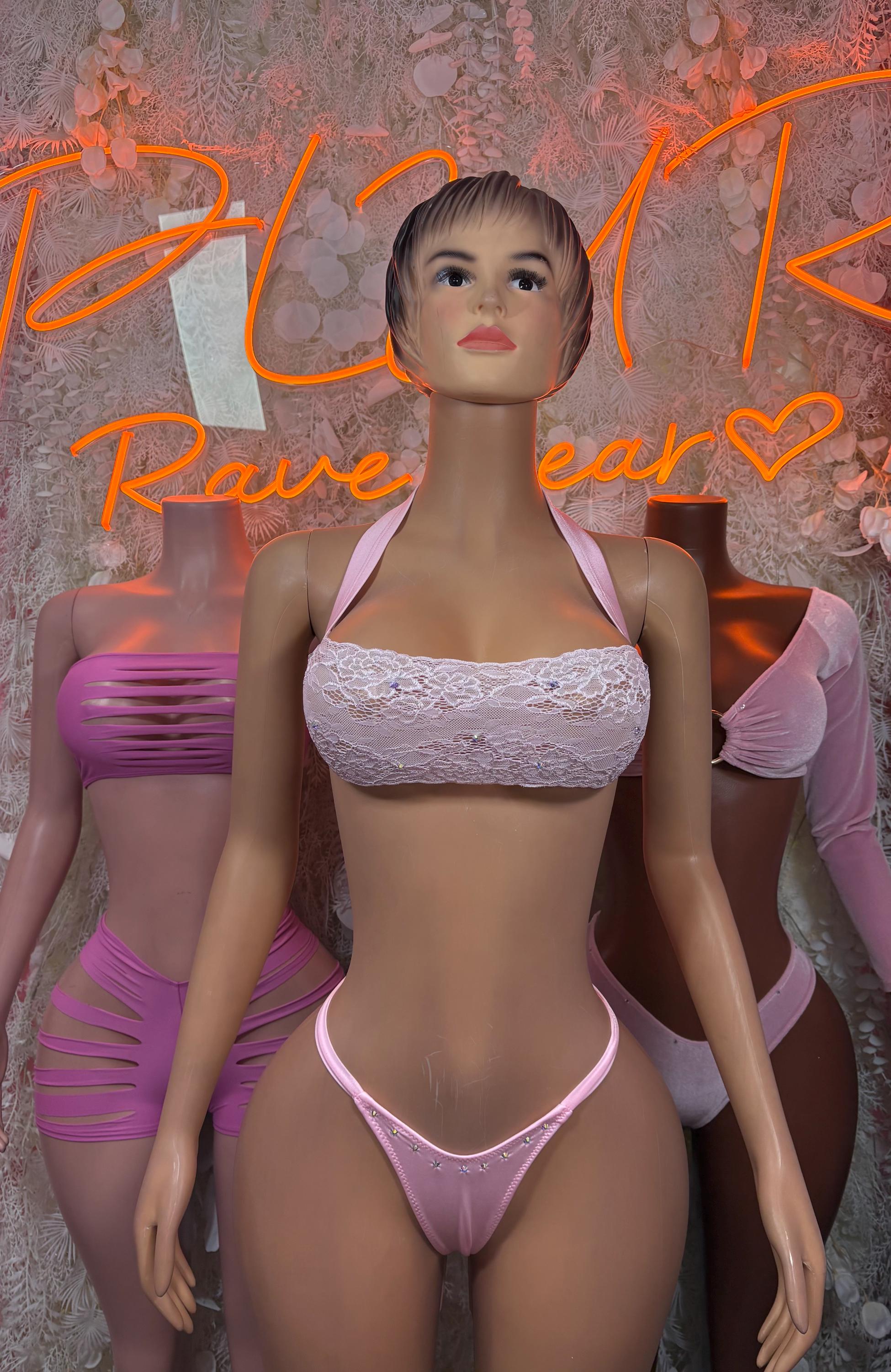 Pink lace bralette and matching string bikini bottom, two-piece rave outfit set