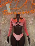 Peach velvet rave two-piece: cropped long-sleeve top and high-cut thong bottom