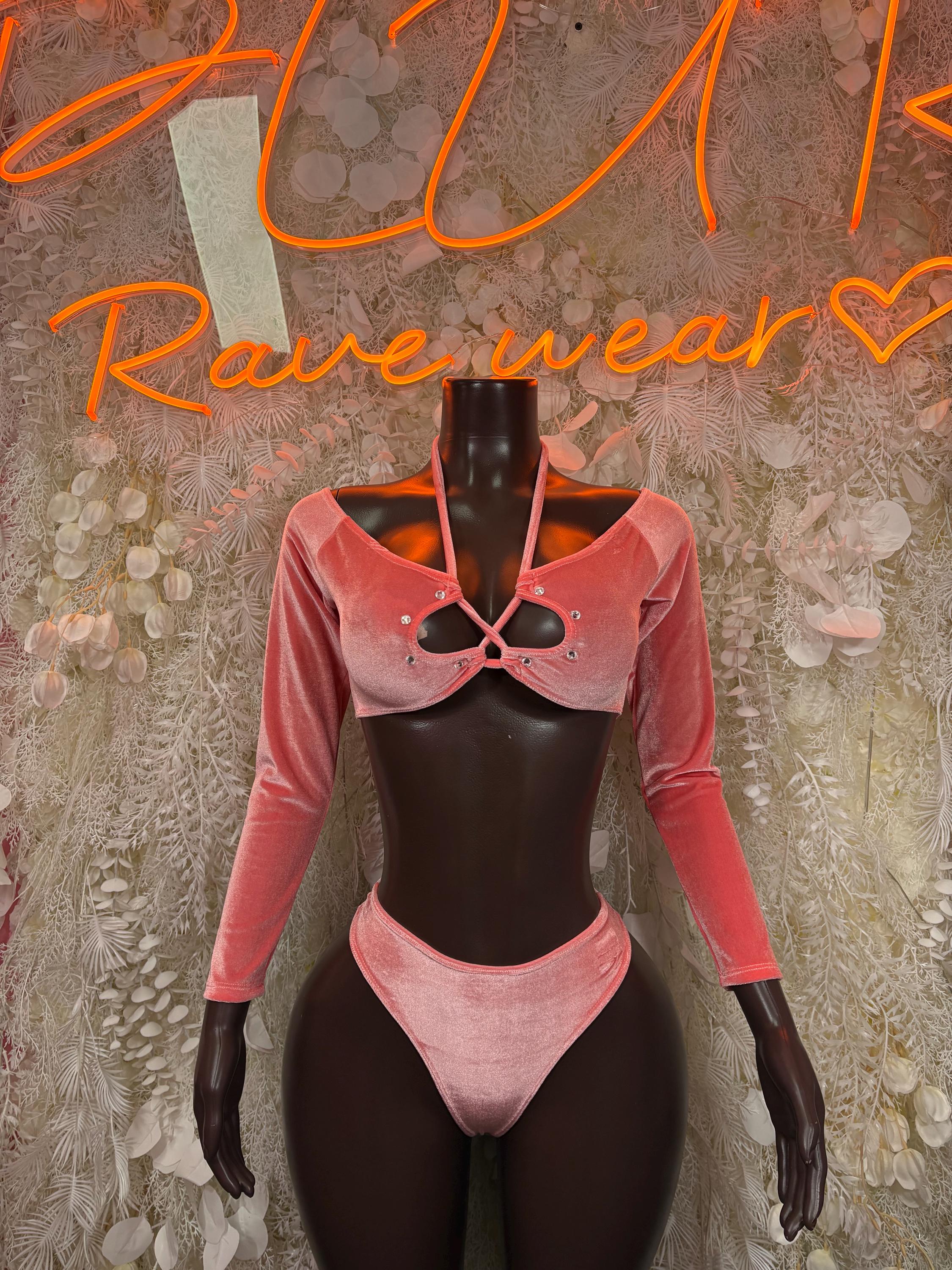 Peach velvet rave two-piece: cropped long-sleeve top and high-cut thong bottom