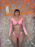 Pink two-piece rave outfit: long-sleeve twist-front top with matching thong bikini bottoms