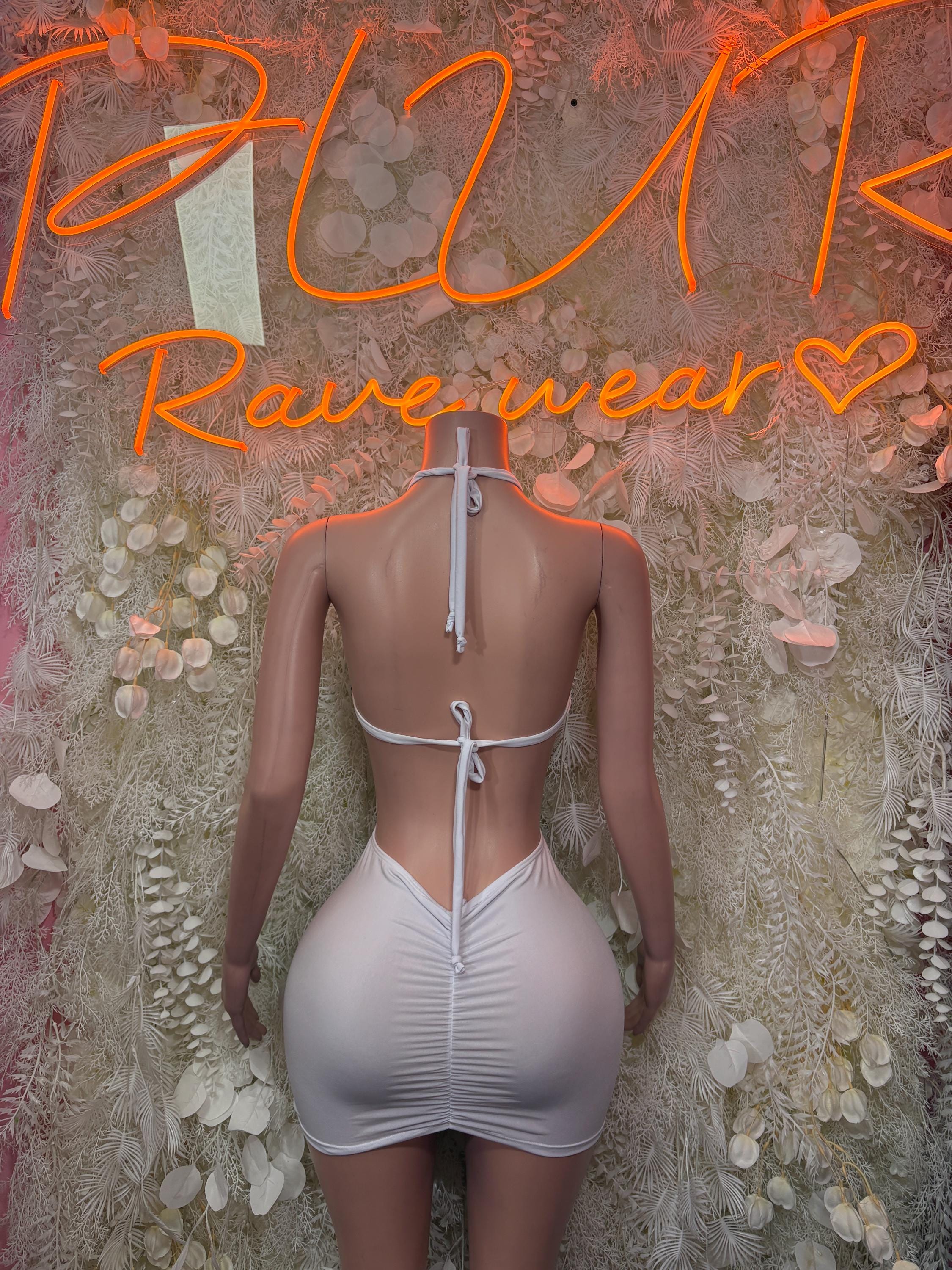 White halter mini dress back view with thin straps and ruched waistband