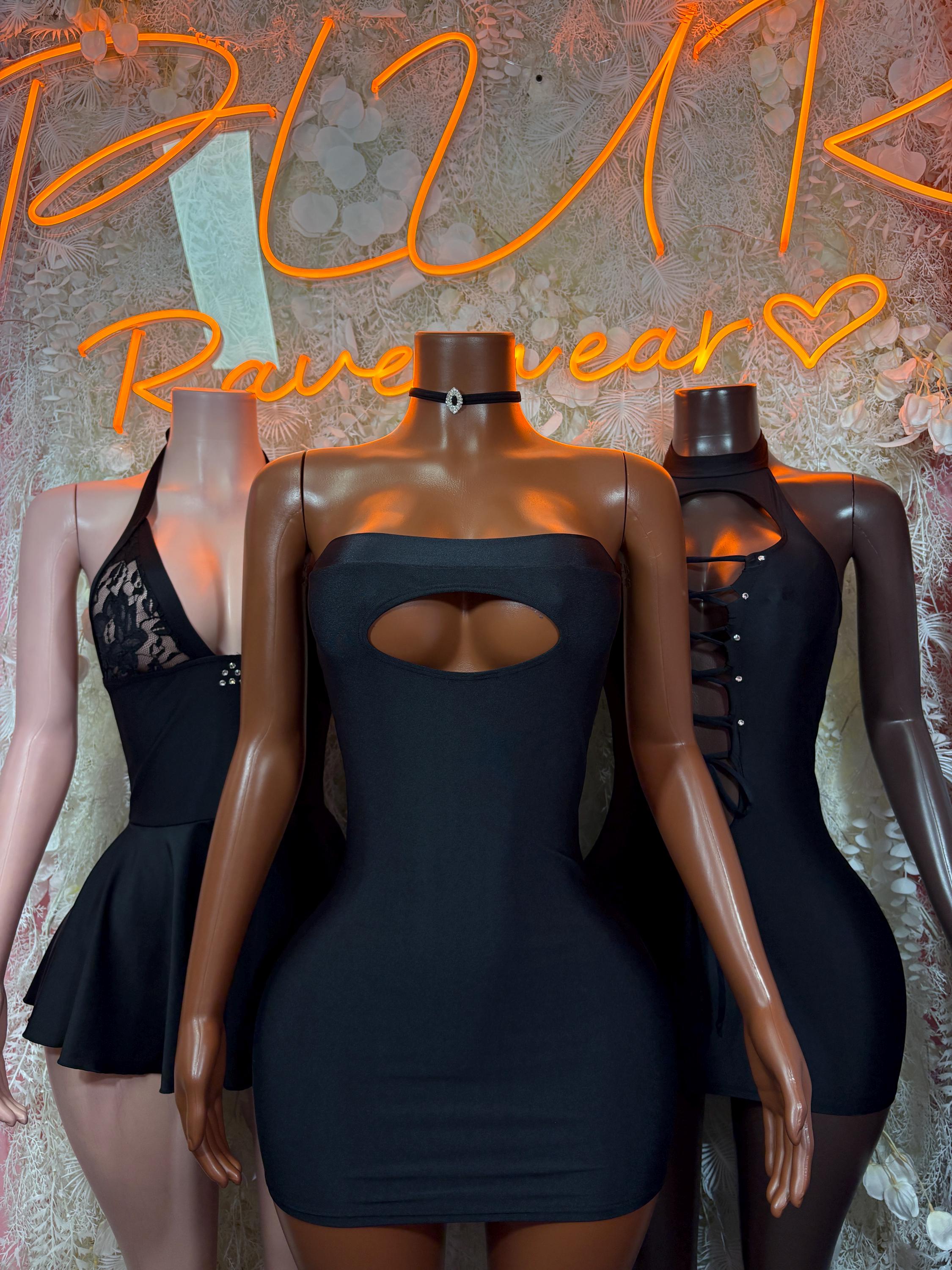 Black sleeveless bodycon dance dress with square neckline and center cutout