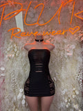 Black strapless mini dress with lace hem and ribbed bodice cutouts