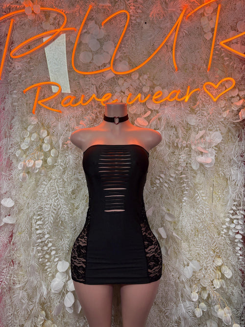 Black strapless mini dress with lace hem and ribbed bodice cutouts