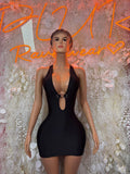 Black halter mini dress with keyhole chest cutout and thin straps