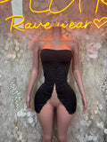 Black strapless mini dress with sweetheart neckline and ruched front with center seam