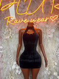Black velvet bodycon mini dress with halter neck and front cutout, sleeveless
