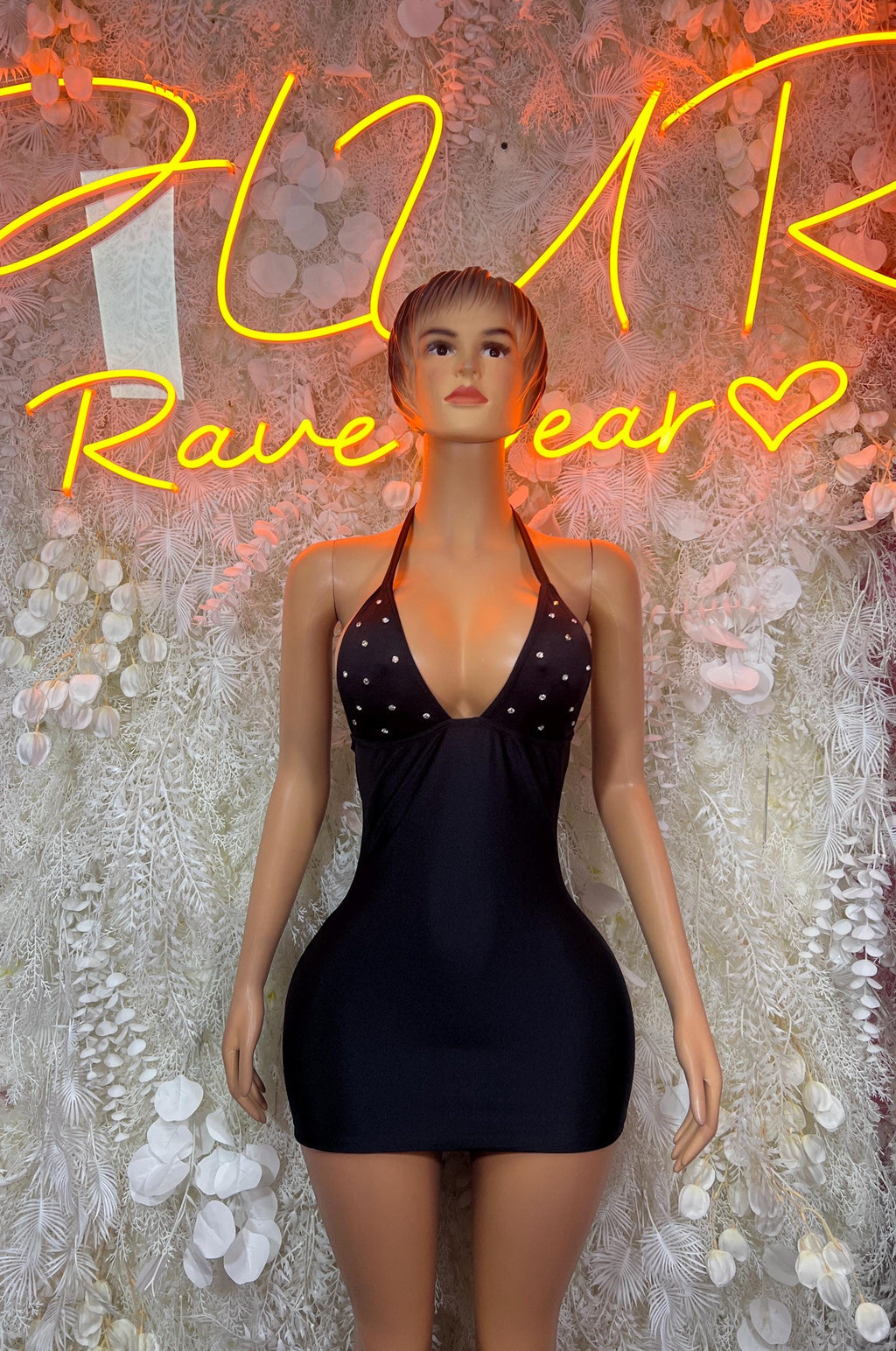 Black halter bodycon rave dress with embellished neckline and sparkly bust
