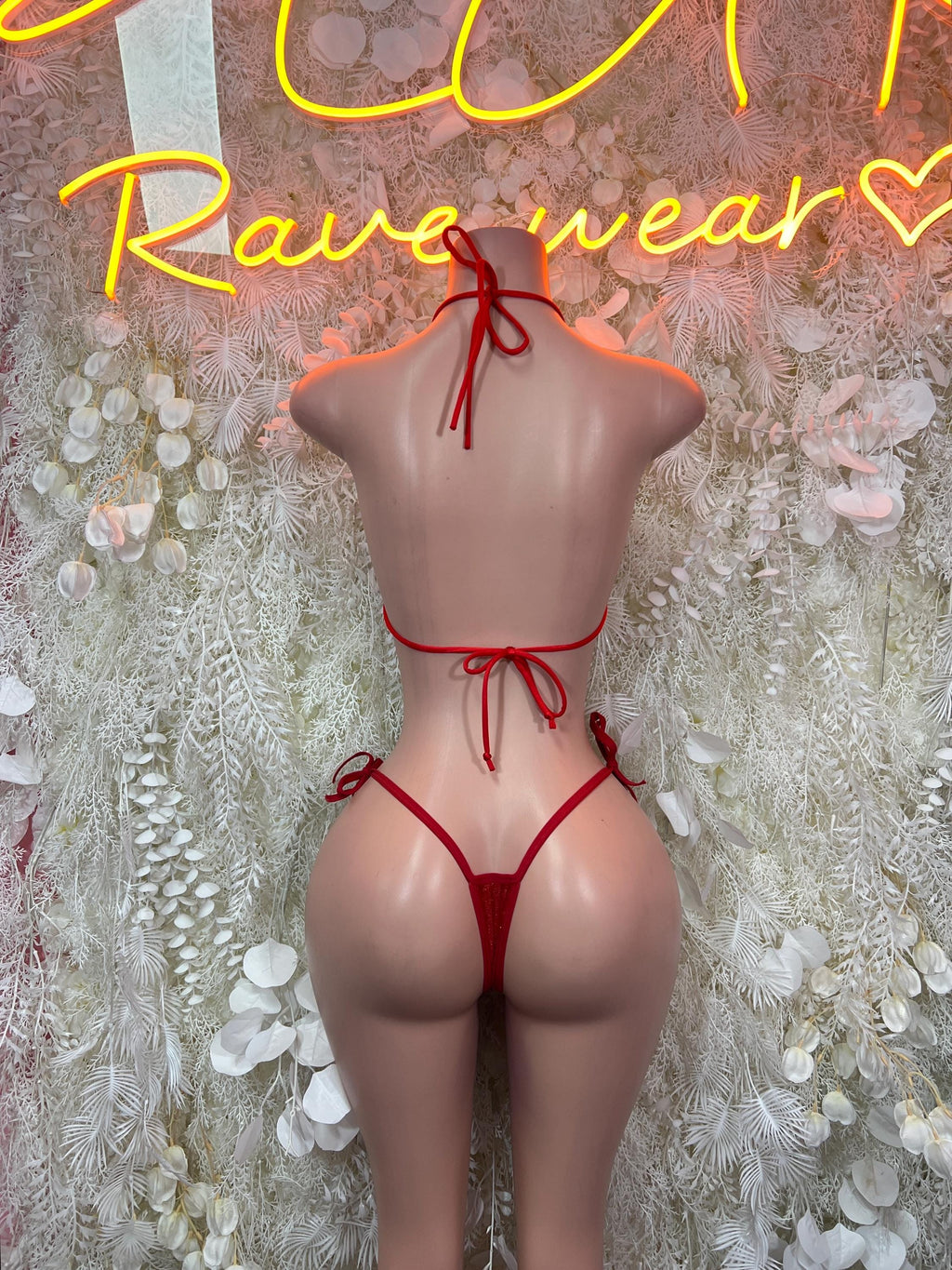 Red glitter bikini set back view, string straps with bow-tie closures