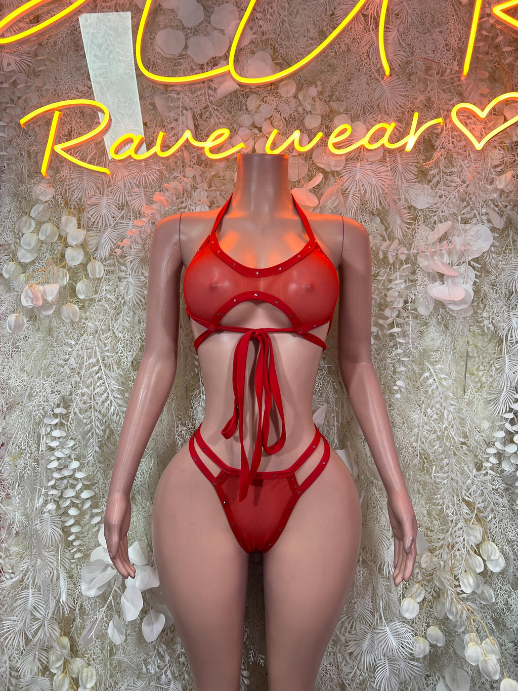 Red lace rave bikini set with triangle bra and high-rise matching bottoms