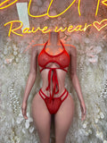 Red lace rave bikini set with triangle bra and high-rise matching bottoms
