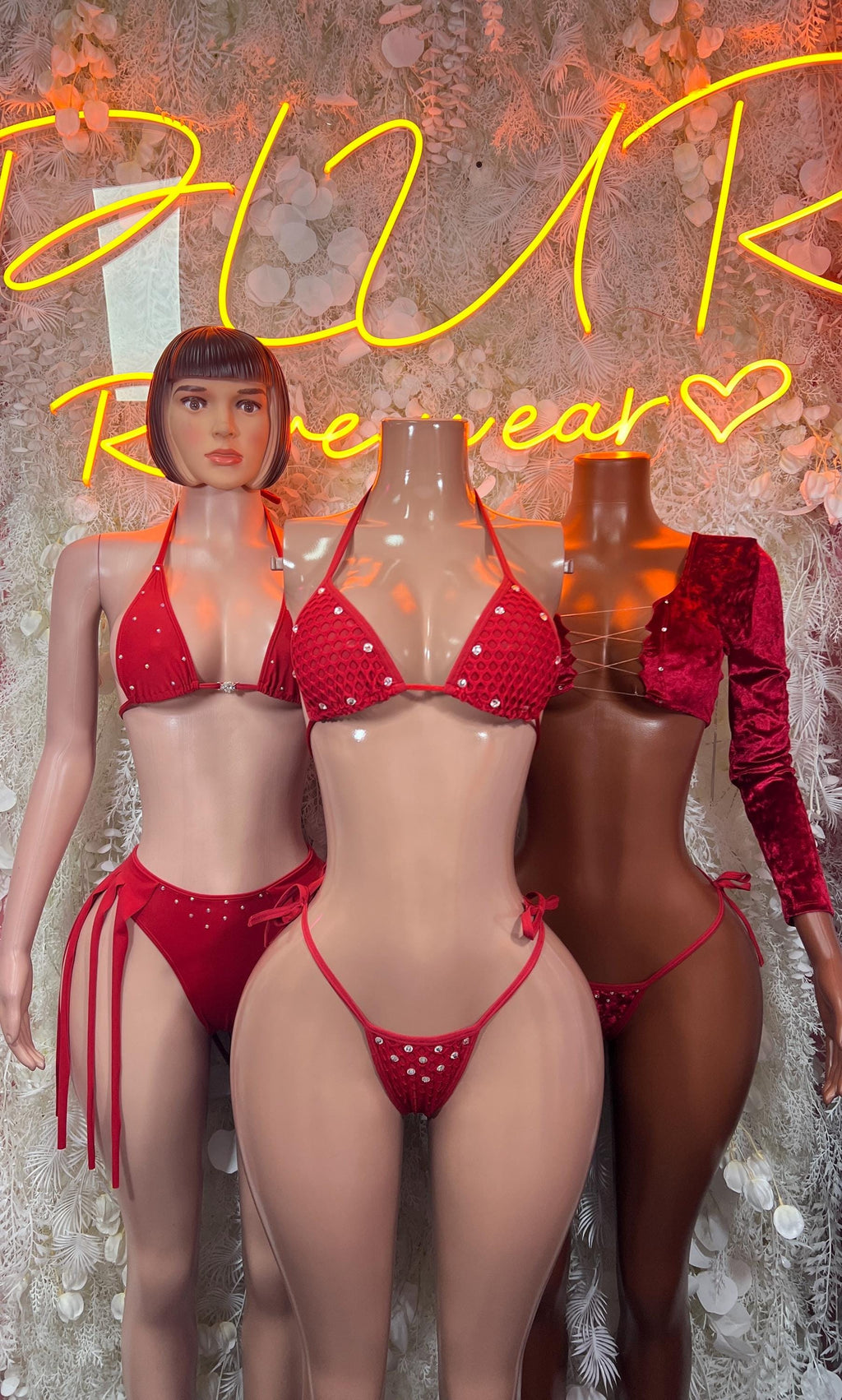 Red rhinestone bikini set on multiple models, front and side views