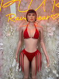 Red rhinestone triangle bikini set with matching high-waist bottoms and red fringe straps