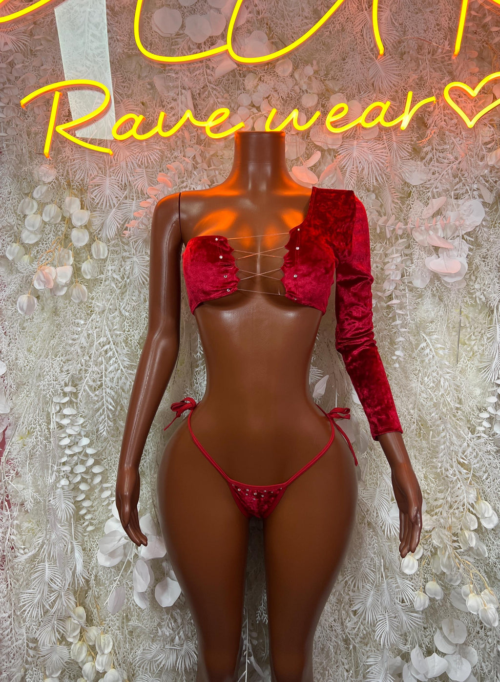 Red velvet two-piece rave outfit: long-sleeve crop jacket, matching bra and string bottoms