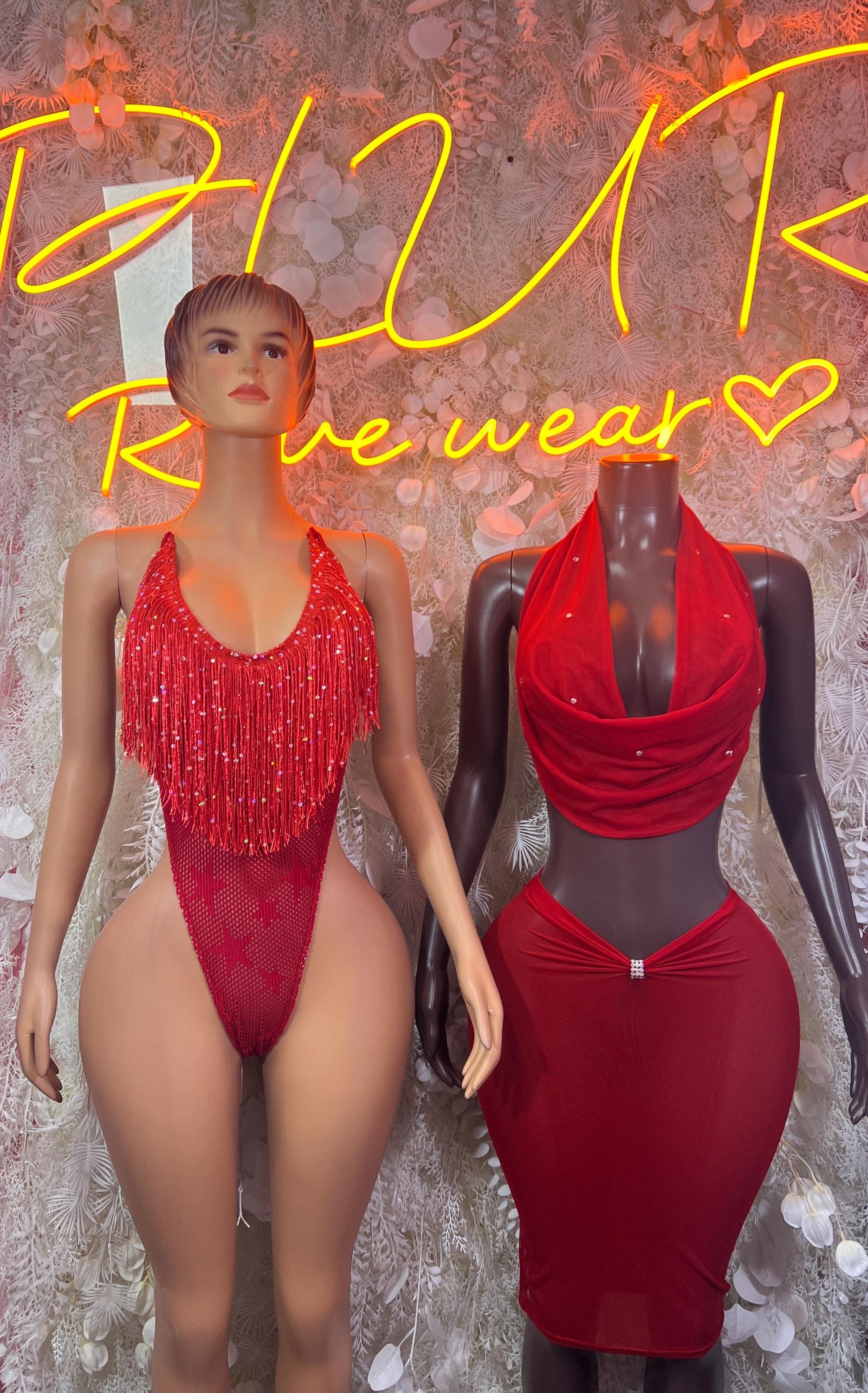 Red sparkly one-piece rave dress with halter-style straps and draped cowl overlay