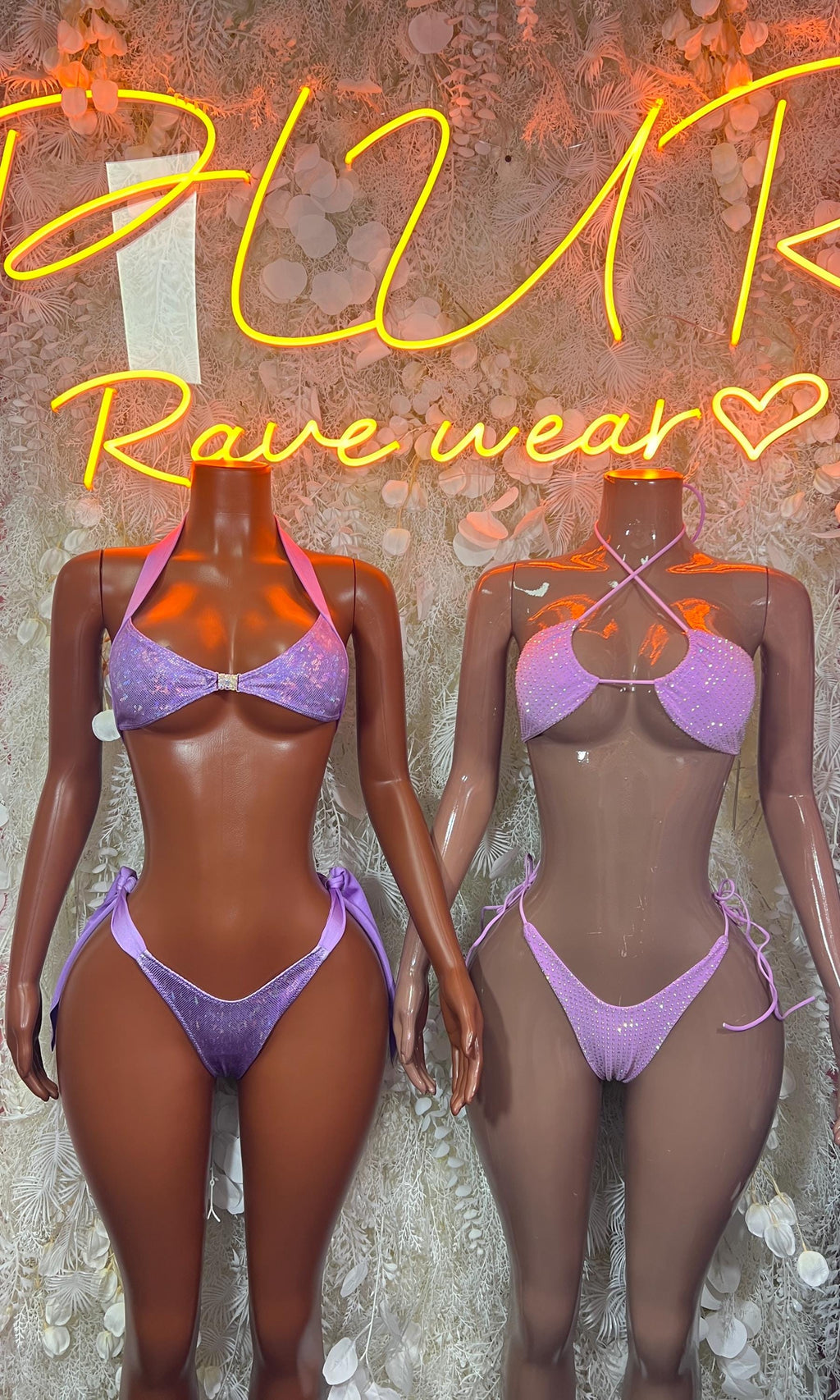 Purple metallic two-piece bikini set on two models, triangle bras and tie-side bottoms