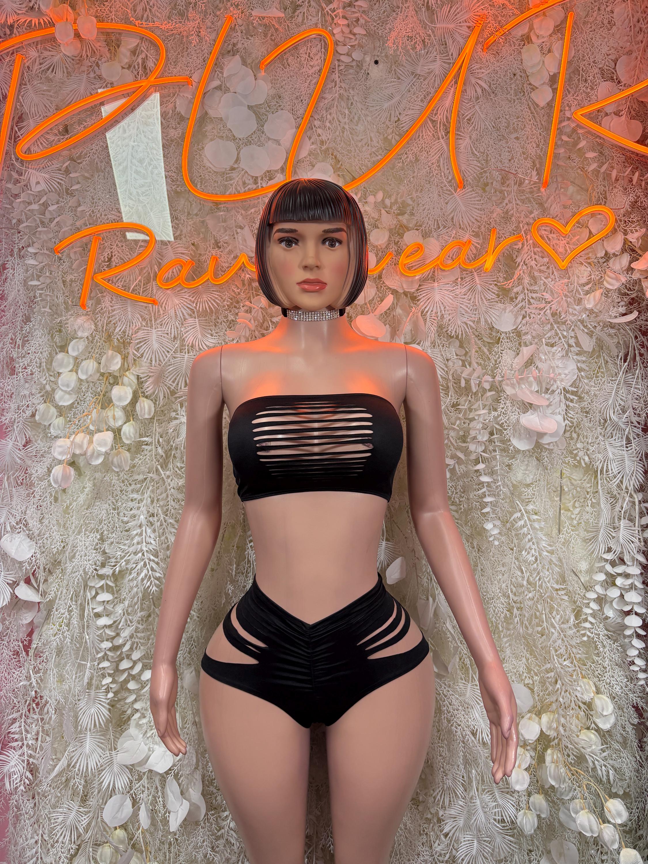 Black two-piece dancewear set with bandeau top and high-waist cutout shorts
