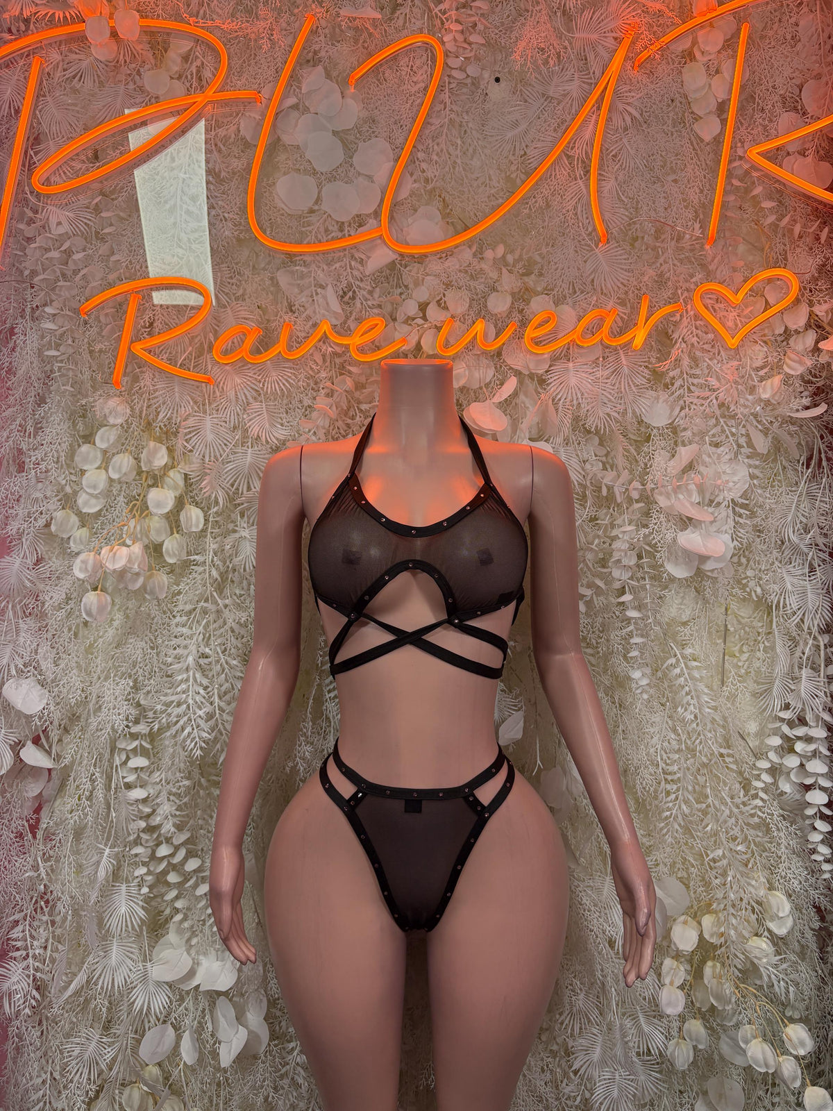 Black Rave Outfit Two Piece Set Bartender Festival Costume Exotic Dancewear Outfit