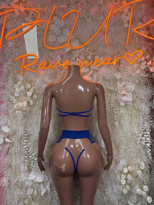 Blue metallic two-piece dancewear set with strappy back and high-rise bottoms