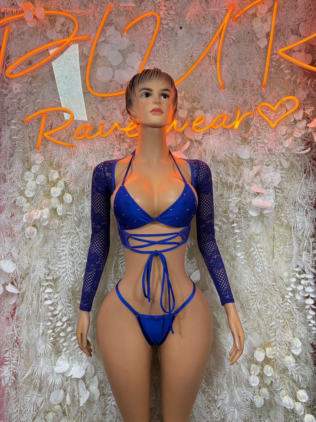 Blue two-piece exotic dancewear set with long sleeves, lace-up front bra and matching bottoms