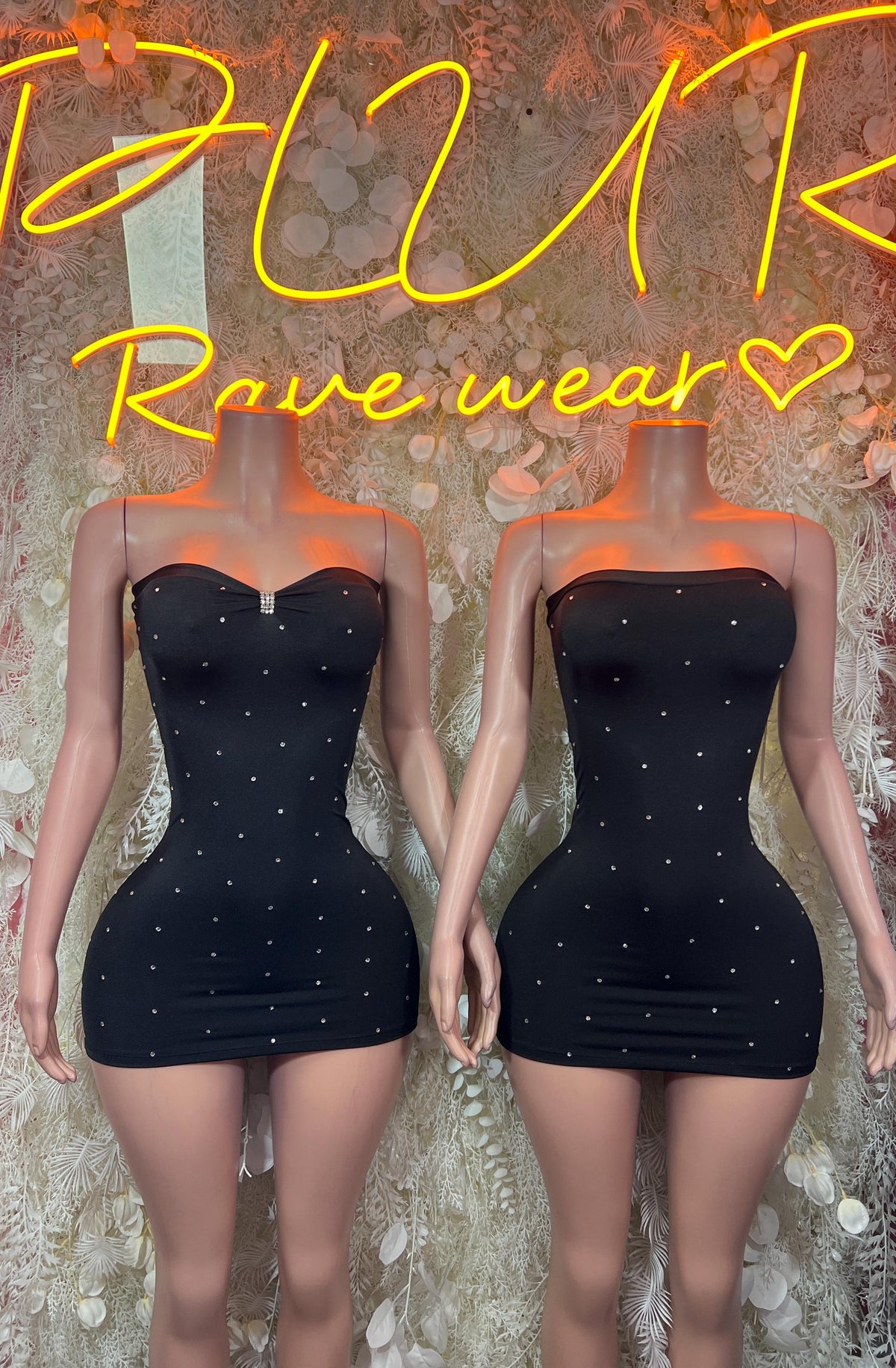 Pair of black strapless mini dresses with sweetheart neckline and rhinestone sparkle