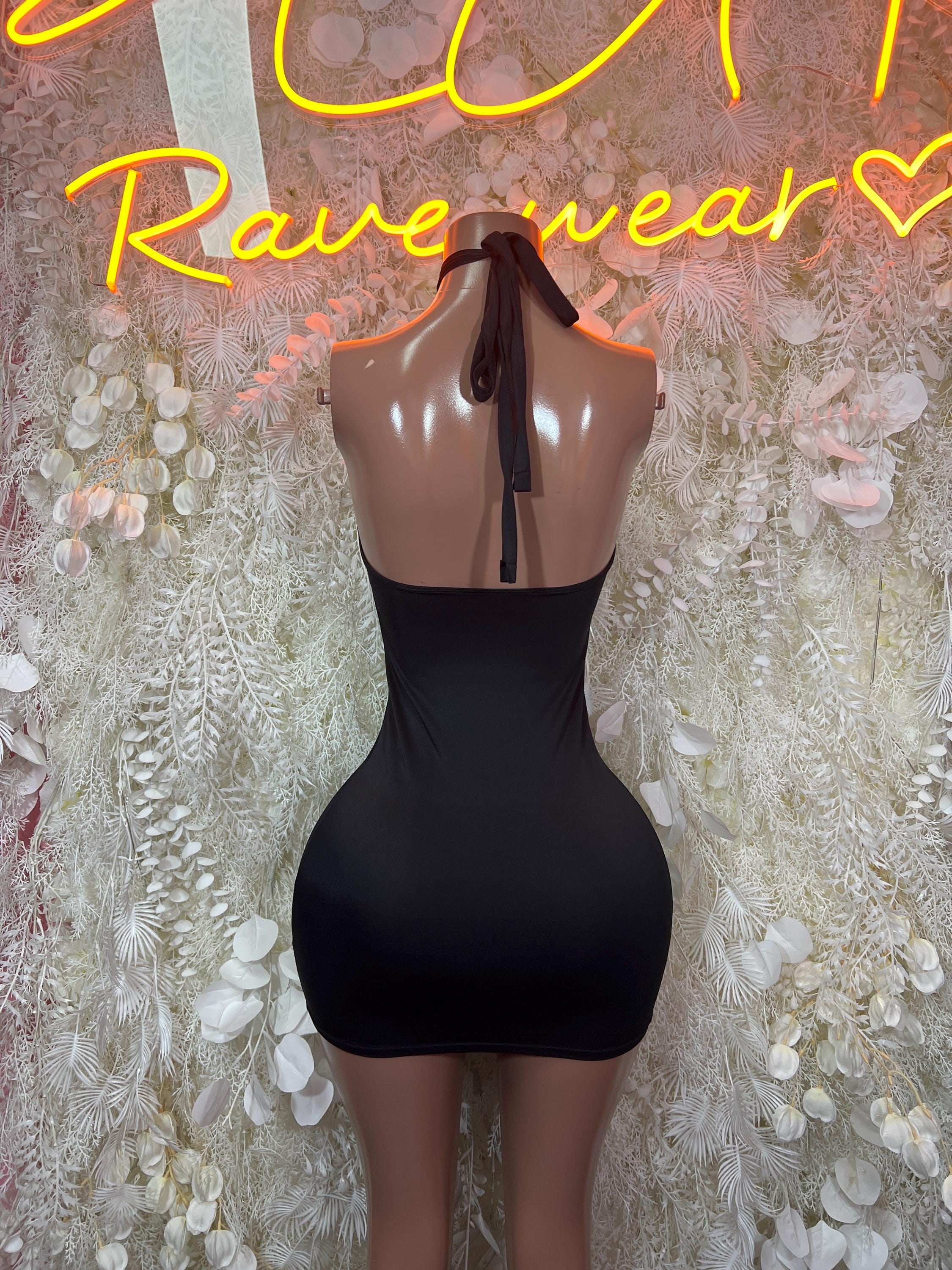 Black halter mini dress back with open vertical cutout and tie straps