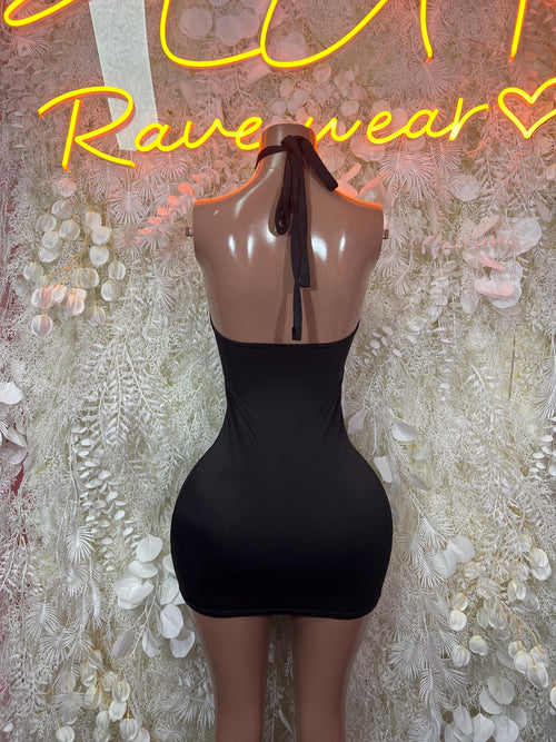 Black halter mini dress back with open vertical cutout and tie straps