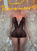 Black fishnet mini dress with deep V neckline