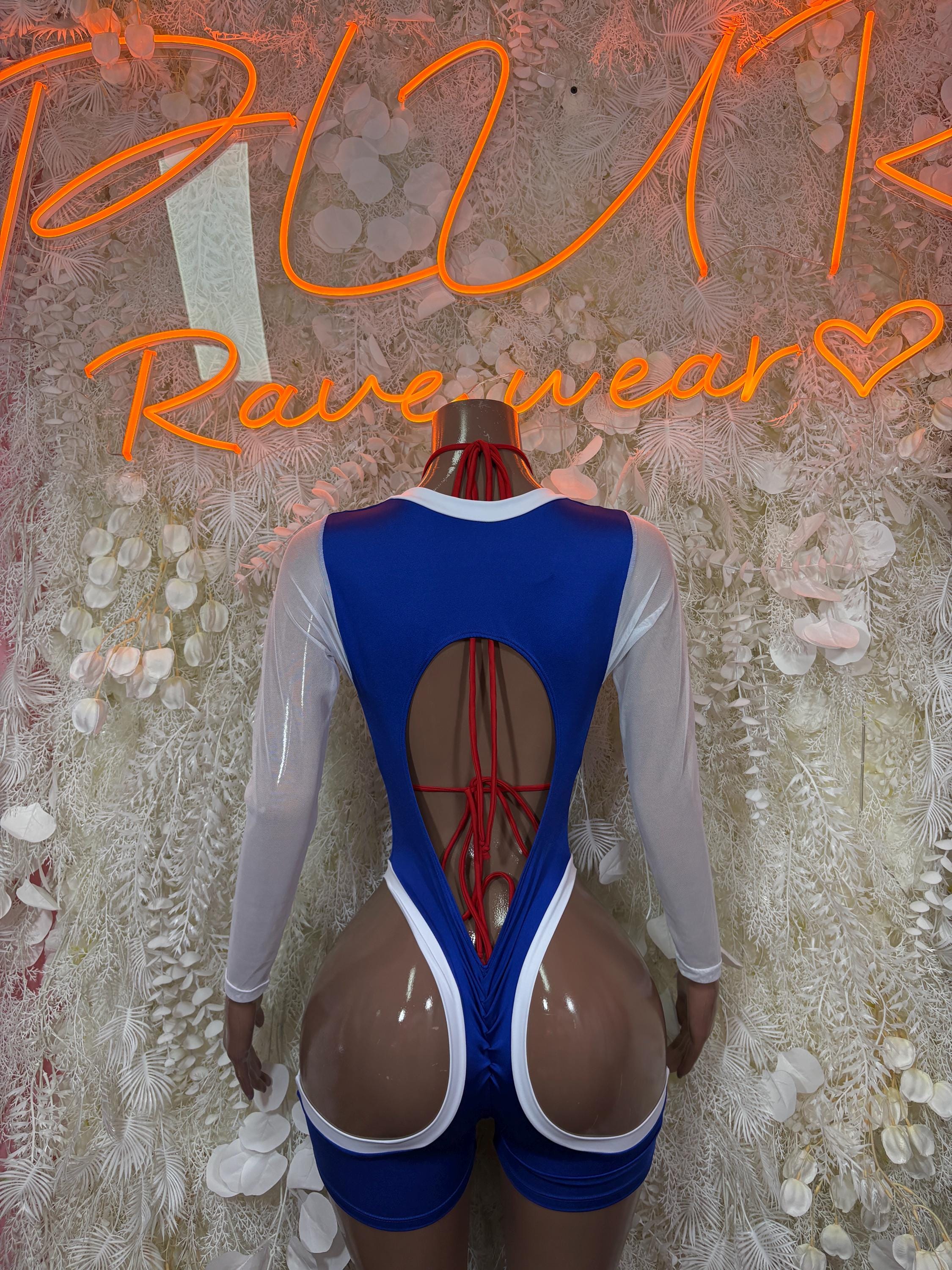 Back view rave bodysuit with blue open back lace-up, star-and-stripe details, sheer sleeves