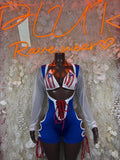 Rave Puerto Rican flag bodysuit with blue shorts, red laced trim, sheer white sleeves