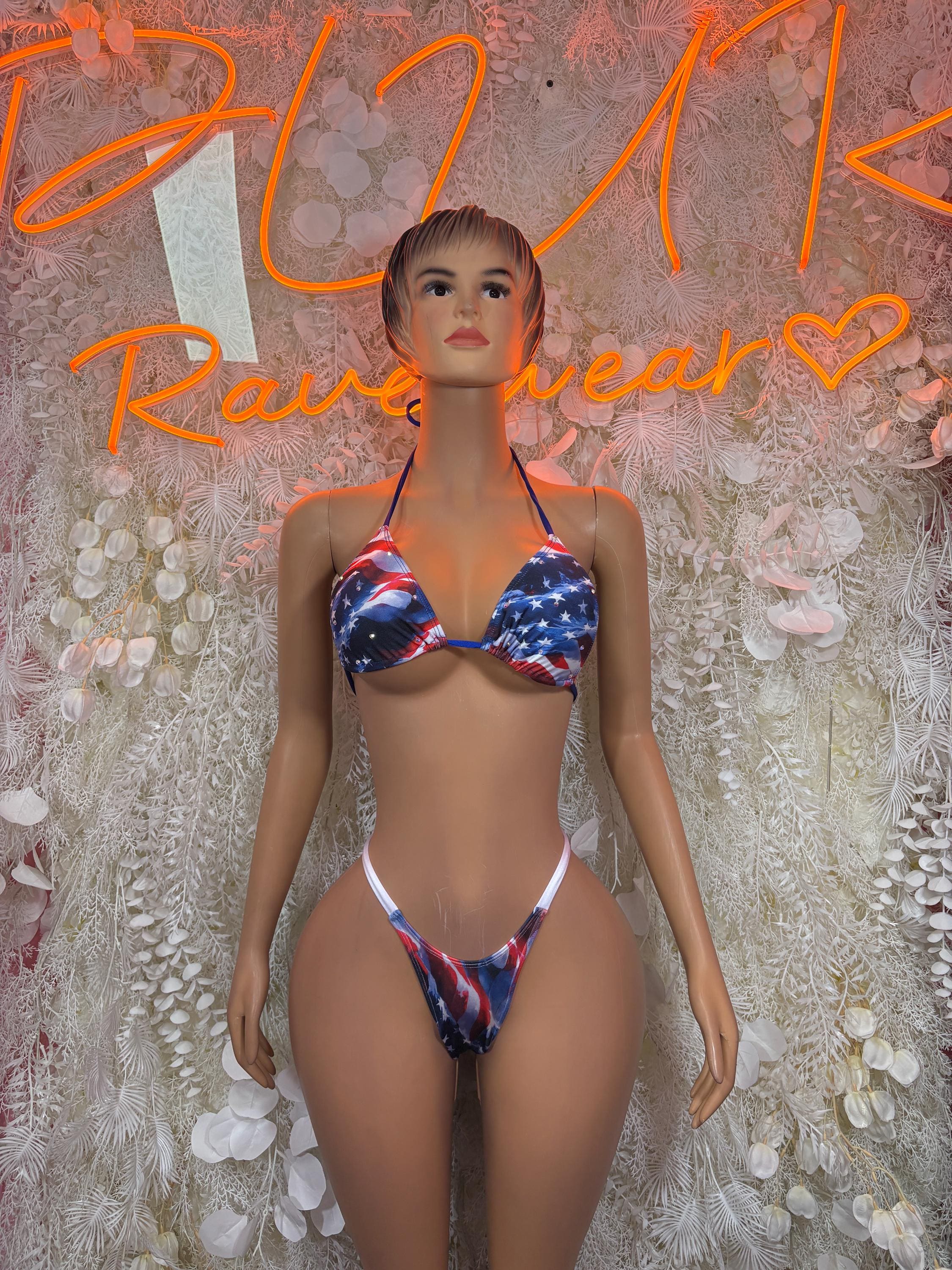 USA flag print bikini top and matching bottom, front view with tied straps