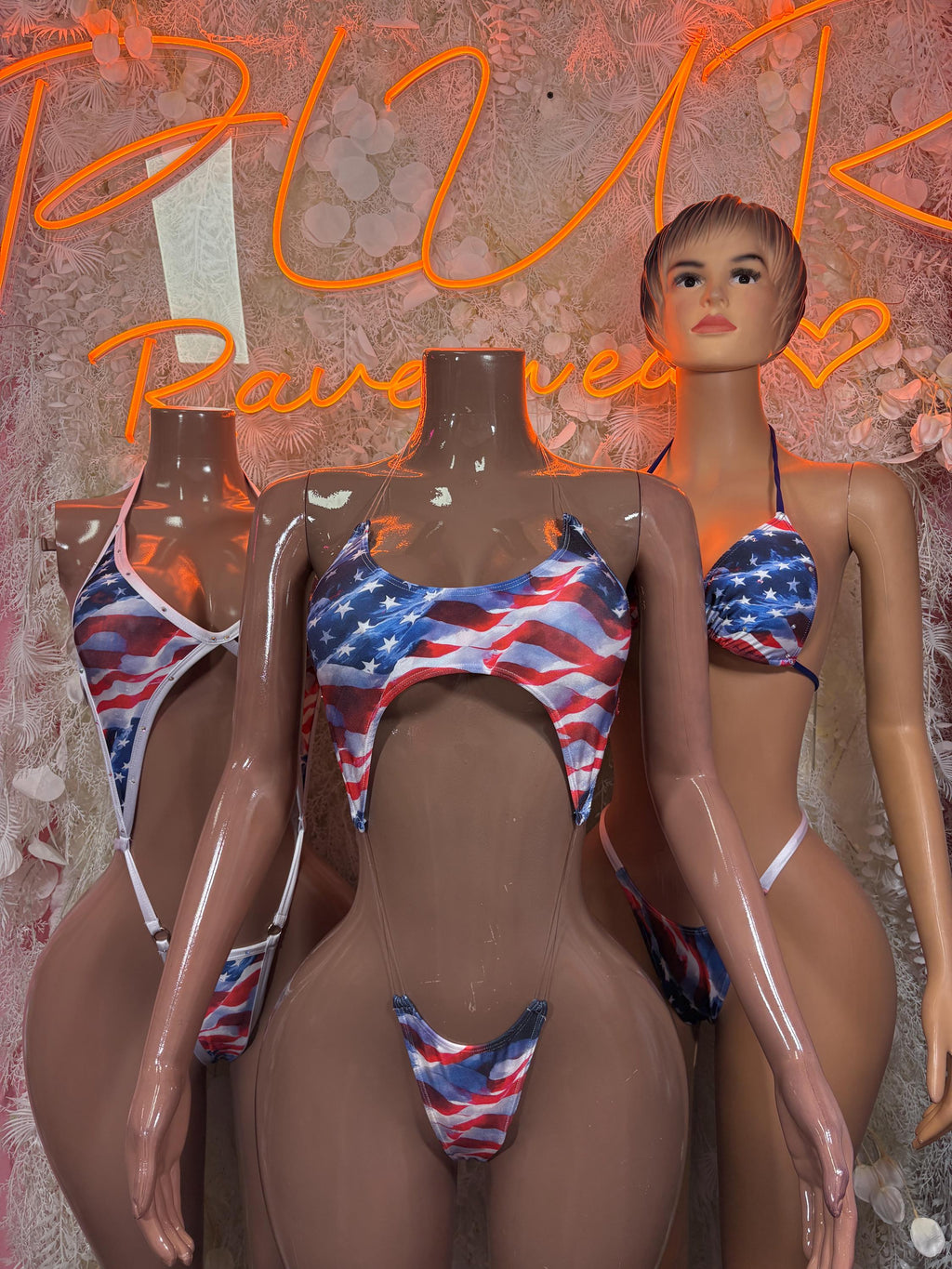 USA flag print bikini set on two mannequins, front model and back model
