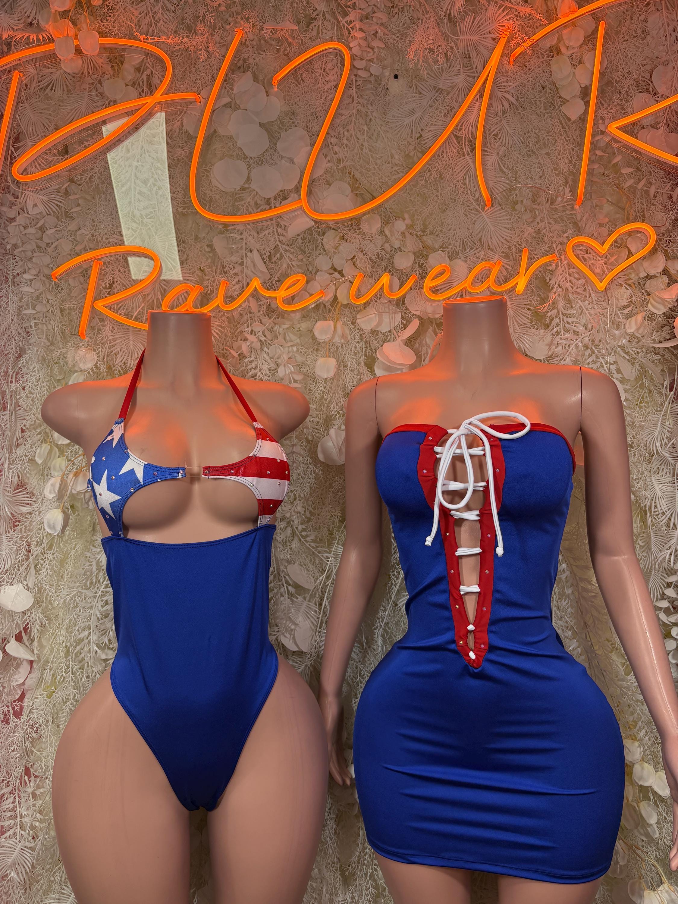 Patriotic one-piece bodysuits: halter front and blue lace-up back dress