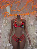Rave two-piece set with red halter bra and striped bikini bottoms, colorful accents