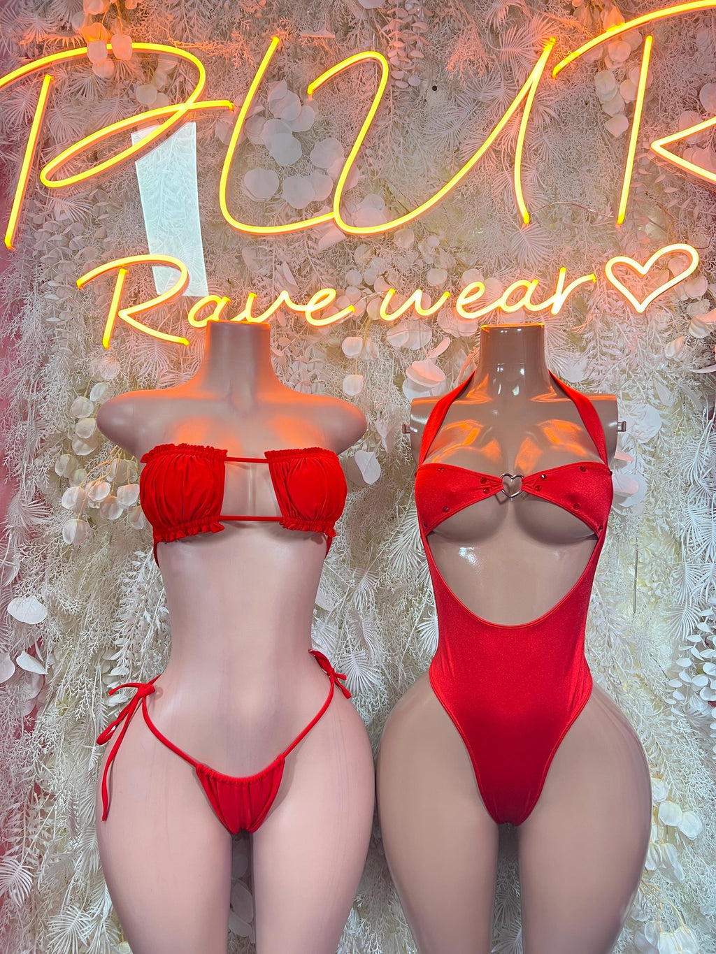 Red halter one-piece bodysuit with ruched cups and tied sides, shown from front and back