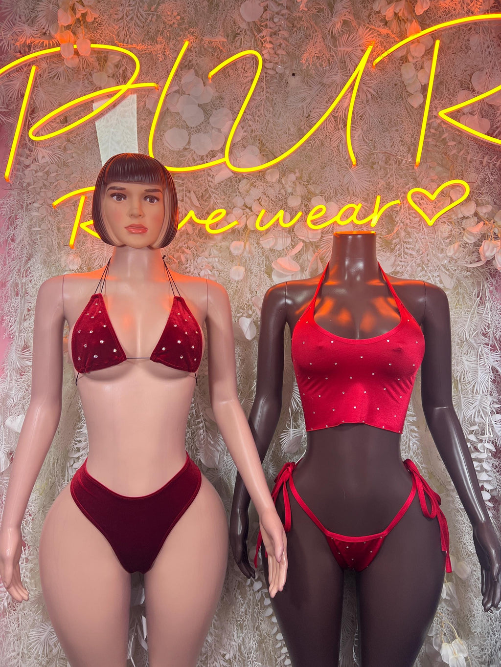 Velvet red two-piece bikini set styling shown on two models, triangle top and tie bottoms