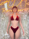 Velvet red two-piece bikini set with sparkling triangle bra and high-cut bottoms
