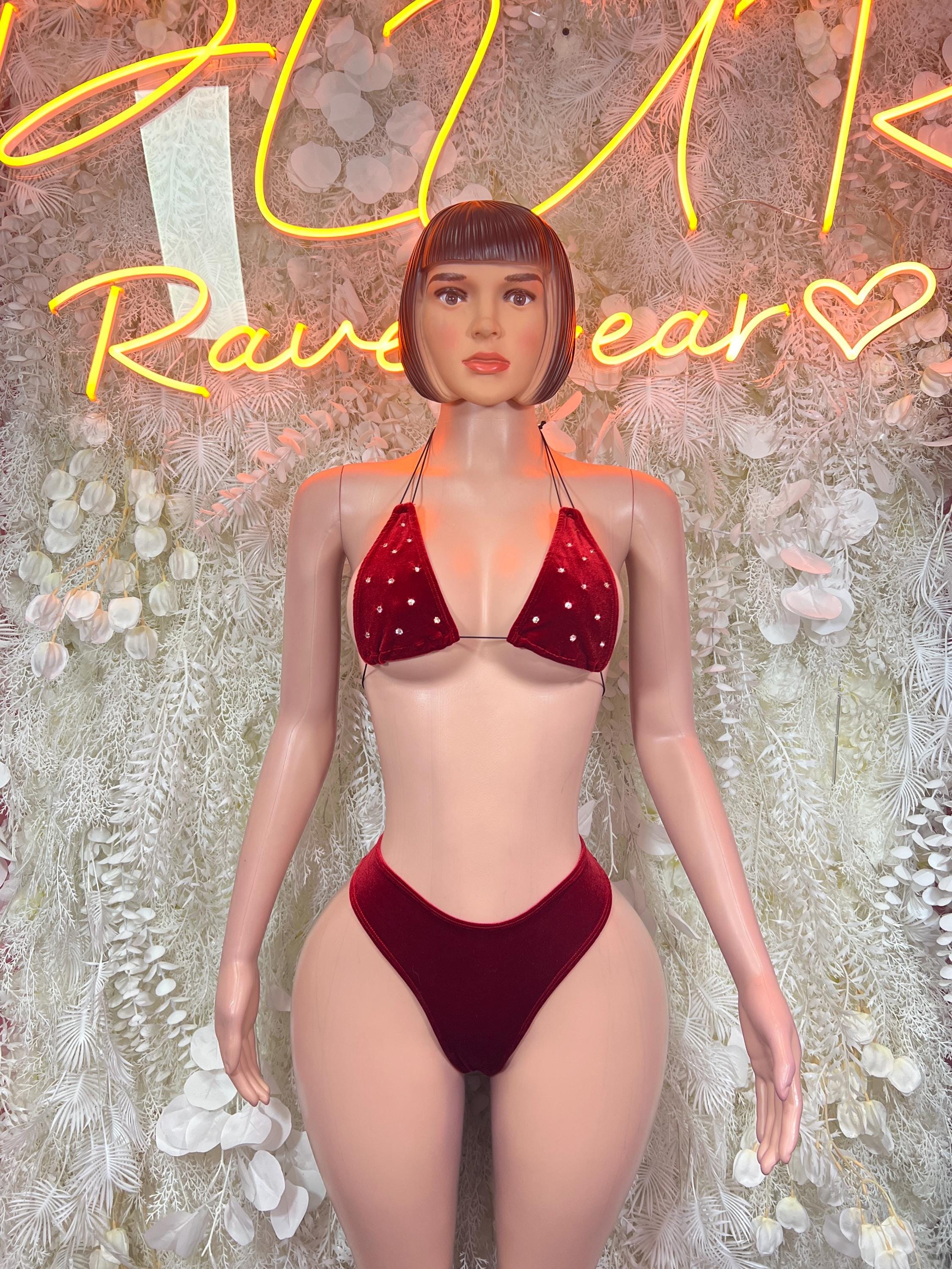 Velvet red two-piece bikini set with sparkling triangle bra and high-cut bottoms