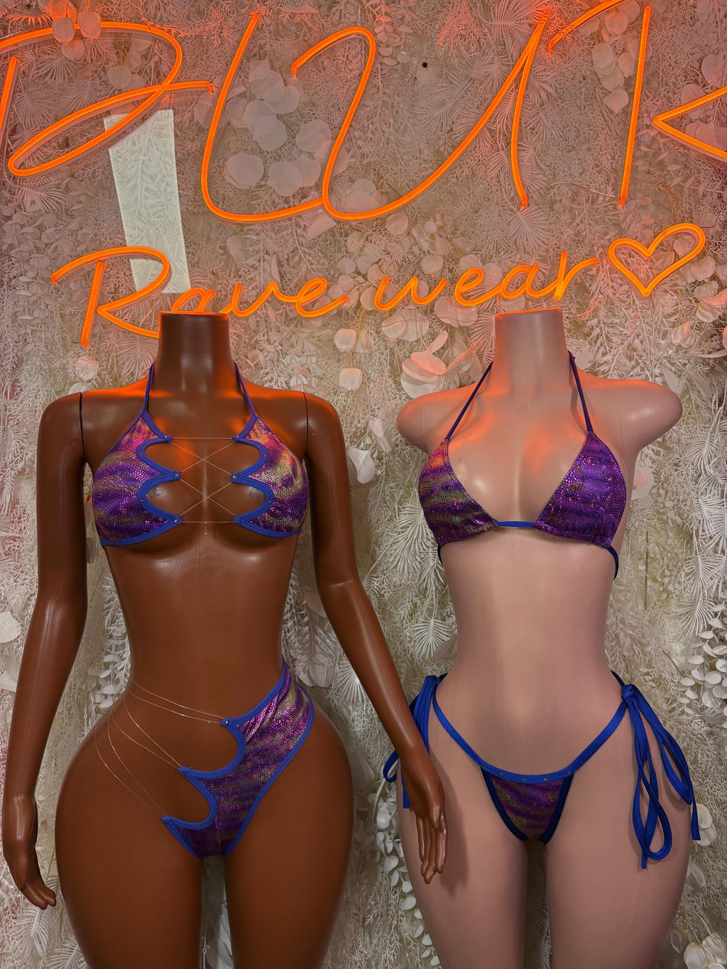 Purple metallic two-piece dance costume set, front and back views with blue accents