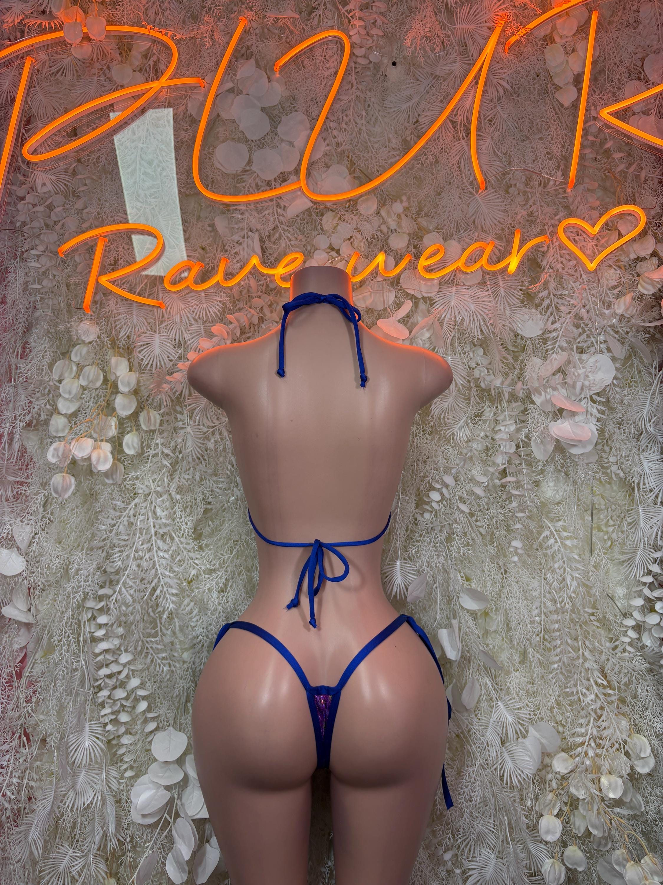Metallic purple two-piece rave costume, blue tied bra back and thong-style bottoms