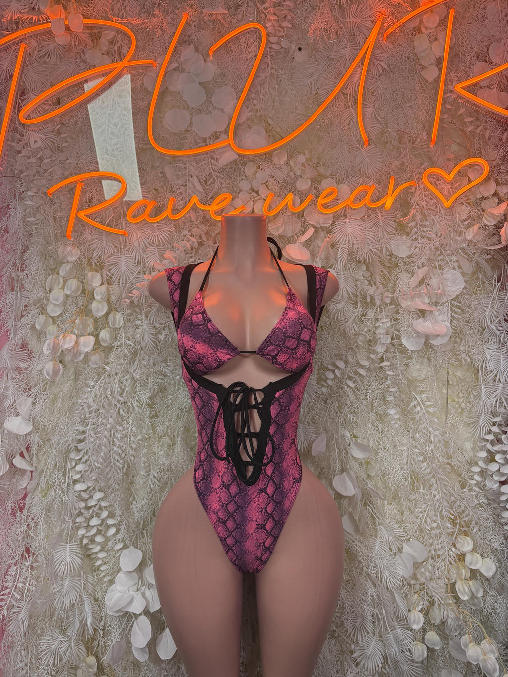 Bottlegirl pink snake-print one-piece bodysuit with lace-up front and cutout back
