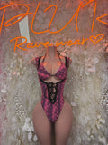Bottlegirl pink snake-print one-piece bodysuit with lace-up front and cutout back