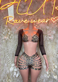 Leopard-print crop top and high-waist shorts with long sheer sleeves, front cutout ring